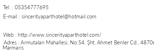 Sincerity Apart Hotel telefon numaralar, faks, e-mail, posta adresi ve iletiim bilgileri